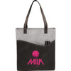 A black non-woven tote bag with a transparent front pocket and a logo, featuring two sturdy handles.