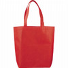 A red non-woven tote bag with two handles and a blank front, featuring a logo.