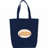 A navy blue non-woven tote bag featuring a rounded logo design.