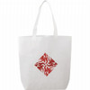 A white tote bag featuring a red geometric logo design and two sturdy handles.