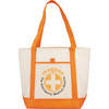 A non-woven boat tote in cream with orange handles and a front pocket, featuring a branded logo.
