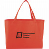 An orange non-woven shopper tote bag with handles and a logo on the front.