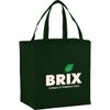 A green non-woven shopper tote bag with two handles and a logo on the front.