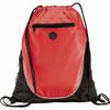 A red and black drawstring sportspack features a front zipper pocket and mesh sides, with a logo displayed.