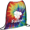 A tie-dye drawstring sportspack in vibrant rainbow colours, featuring a logo in the centre.