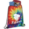 A colourful tie-dye drawstring sportspack featuring vibrant rainbow hues and an elephant logo, filled with a shirt, cap, and sunglasses.