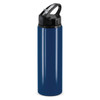 A drink bottle in a dark blue colour with a black flip cap and a handle. It features a logo on the body.