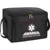 A black lunch cooler bag with a zip closure and a carrying handle, featuring a logo on the front.