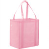 A pink non-woven grocery tote bag with sturdy handles and a rectangular shape. It features a logo on one side.