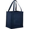 A navy blue non-woven grocery tote with two long handles and a structured design. Features a logo.