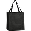 A black reusable grocery tote bag with sturdy handles and a rectangular shape, featuring a logo.