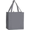 A grey non-woven grocery tote with two long handles and a spacious design. It has a logo on the front.