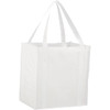 A white reusable grocery tote bag with sturdy handles and a logo. Suitable for carrying groceries and other items.