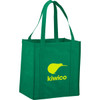 A green reusable grocery tote bag with two handles and a logo featuring a kiwi bird.