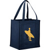 A navy reusable grocery tote bag with a silhouette design and a branding logo.