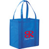 A blue non-woven grocery tote bag with two handles and a logo on the front.