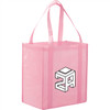 A pink non-woven grocery tote bag with shoulder straps and a logo on the front.