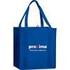 A blue non-woven grocery tote bag with sturdy handles and a logo on the front.