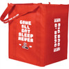 A red non-woven grocery tote with sturdy handles and a logo, featuring bold white text designs.
