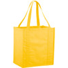 A yellow reusable grocery tote with sturdy handles and a simple design. It features a logo on one side.