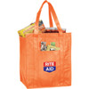 An orange insulated grocery tote filled with snacks and drinks, featuring a logo on the front.