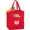 A red insulated grocery tote filled with bottles and packaged snacks, featuring a logo on the front.