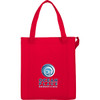 A red insulated grocery tote bag with a logo on the front. Features two shoulder straps for carrying.