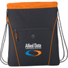 A drawstring bag in black with an orange top, featuring a front pocket and a logo.