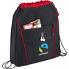 A black and red drawstring bag with a zip pocket, featuring a logo and a magazine peeking out.