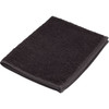 A black gym towel with a textured surface, folded neatly. It has a simple design with a subtle logo.