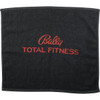 A grey gym towel featuring red embroidered text and a logo. Ideal for leisure and outdoor activities.
