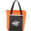 A quilted cooler bag in orange and black with a front pocket and double handles, featuring a logo.