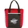 A red and black quilted cooler bag with a front pocket and a logo on it, featuring sturdy handles.