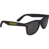 Black sunglasses with dark lenses and a logo on the side. Ideal for leisure and outdoor activities.