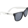 Retro promotional sunglasses feature black frames with white arms and a logo on the side, designed for leisure activities.