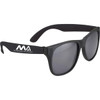 Retro sunglasses with a black frame and grey lenses, featuring a logo on the side.