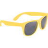 A pair of yellow retro sunglasses with dark lenses, featuring a logo on the frame.