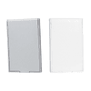 A silver and white stand-up pocket mirror duo, featuring a sleek, rectangular design and a logo on one side.