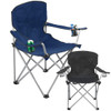 An oversized navy folding chair and a smaller black folding chair, both with cup holders. The chairs are made of fabric and metal.