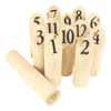 A set of wooden skittles numbered 1 to 12, with one larger wooden throwing pin beside them.