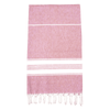 A pink and white Turkish towel with fringed edges and a subtle striped pattern, featuring a logo.