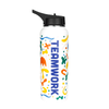 A drink bottle with a white body, colourful abstract designs, and a black cap. It features the word "TEAMWORK."