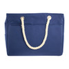 A navy waterproof beach bag with cream rope handles and side pockets, featuring a simple design.