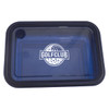 A reusable container in translucent blue with a black lid and a logo, designed for storing food.