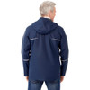 A navy rain jacket featuring a hood and reflective detailing, shown from the back. Includes branding.