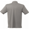 A grey men's short sleeve polo shirt featuring a collar and side slits, with a logo on the back.