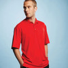 A red short sleeve polo shirt for men, featuring a collar and a logo.