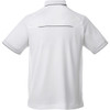 A white men's short sleeve polo shirt featuring contrasting trim and a logo on the back. 