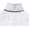 A white short sleeve polo shirt featuring a collar with contrasting trim and a label on the back.