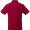 A red men's polo shirt featuring short sleeves and a back yoke design. It has a logo on the collar.